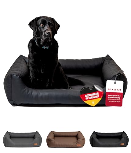 HS-Hundebett® Kuschelbett Deluxe Kunstleder L (80x95 cm) – Orthopädisches Hundebett, Memory Foam & Anti-Rutsch – Waschbar – Schwarz, Made in DE von HS-Hundebett