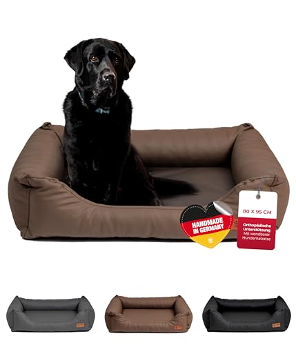 HS-Hundebett® Kuschelbett Deluxe Kunstleder L (80x95 cm) – Orthopädisches Hundebett, Memory Foam & Anti-Rutsch – Waschbar – Stein, Made in DE von HS-Hundebett