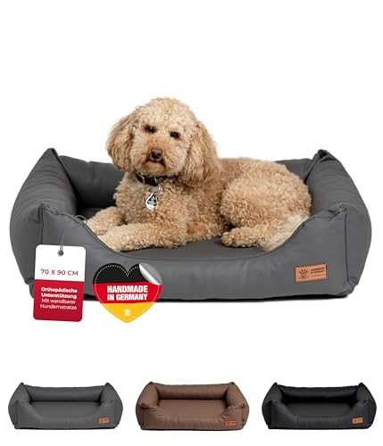 HS-Hundebett® Kuschelbett Deluxe Kunstleder M (70x90 cm) – Orthopädisches Hundebett, Memory Foam & Anti-Rutsch – Waschbar – Anthrazit, Made in DE von HS-Hundebett