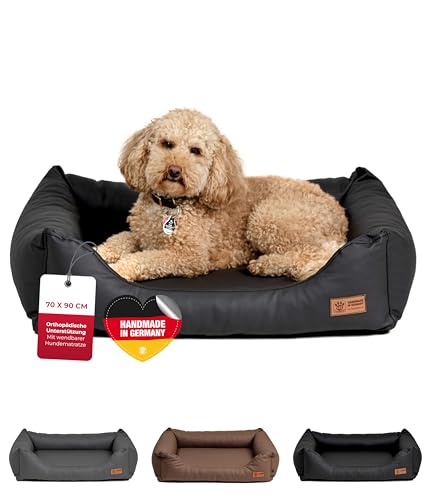 HS-Hundebett® Kuschelbett Deluxe Kunstleder M (70x90 cm) – Orthopädisches Hundebett, Memory Foam & Anti-Rutsch – Waschbar – Schwarz, Made in DE von HS-Hundebett