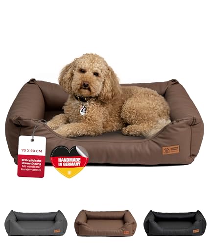 HS-Hundebett® Kuschelbett Deluxe Kunstleder M (70x90 cm) – Orthopädisches Hundebett, Memory Foam & Anti-Rutsch – Waschbar – Stein, Made in DE von HS-Hundebett