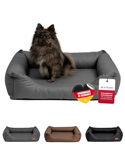 HS-Hundebett® Kuschelbett Deluxe Kunstleder S (60x75 cm) – Orthopädisches Hundebett, Memory Foam & Anti-Rutsch – Waschbar – Anthrazit, Made in DE von HS-Hundebett