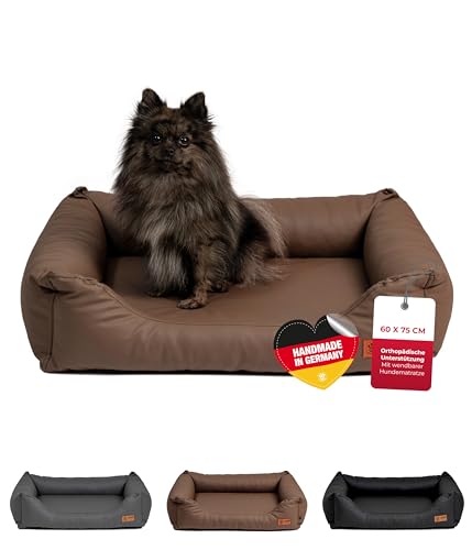 HS-Hundebett® Kuschelbett Deluxe Kunstleder S (60x75 cm) – Orthopädisches Hundebett, Memory Foam & Anti-Rutsch – Waschbar – Stein, Made in DE von HS-Hundebett