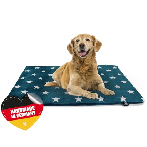 Made in Germany rutschfeste Hundedecke, Sterne Petrol, 30 x 45 cm, für kleine & große Hunde I Flauschige Hundedecke, waschbar, trocknergeeignet mit 4 cm Polster-Füllung von HS-Hundebett