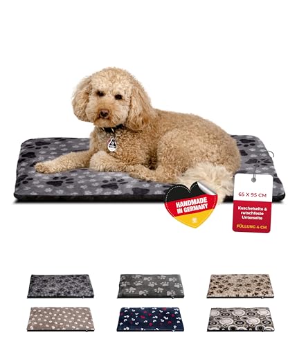 HS-Hundebett® Hundedecke M (65x95 cm) – rutschfest & gemütlich Dank 3 cm Füllung – Perfekt fürs Sofa, Auto & Hundebox – Pfote Grau, Made in DE von HS-Hundebett