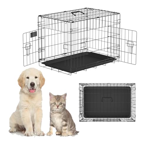 24inch faltende Hundekiste mit 2-Türen-tragbarer Metall-Stahl-Welpen-Katzenkiste für Innen-Outdoor, 61x41x49.5cm Haustier-Trainingskäfig mit abnehmbarem Tablett und Griff, schwarz von HSHa