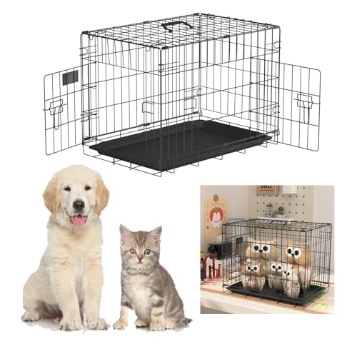 Hundekiste 24-Zoll kleine Größe 2-Türen Metall Welpenkiste für Katze Hund Kaninchen Heavy Duty Welpenträger mit abnehmbarem Basisfach und Griff, schwarz von HSHa