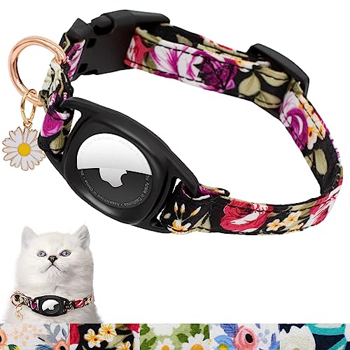 Airtag Katzenhalsband, HSIGIO GPS Katzenhalsband Breakaway mit Apple Air Tag Halter & Blumenanhänger, Floral Cat Tracker Halsband in 0,6 Zoll Breite für Mädchen Junge Katzen, Kätzchen und Welpen (S, Schwarz Rote Rose) von HSIGIO