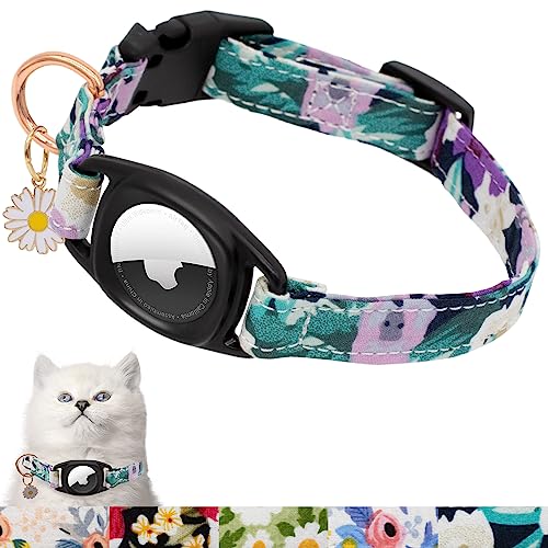 Airtag Katzenhalsband, HSIGIO GPS Katzenhalsband Breakaway mit Apple Air Tag Halter & Blumenanhänger, Floral Cat Tracker Halsband in 0,6 Zoll Breite für Mädchen Junge Katzen, Kätzchen und Welpen (XS, Lila Blume) von HSIGIO