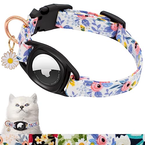 Airtag Katzenhalsband, HSIGIO GPS Katzenhalsband Breakaway mit Apple Air Tag Halter & Blumenanhänger, Floral Cat Tracker Halsband in 0,6 Zoll Breite für Mädchen Junge Katzen, Kätzchen und Welpen (S, Blaue Blume) von HSIGIO