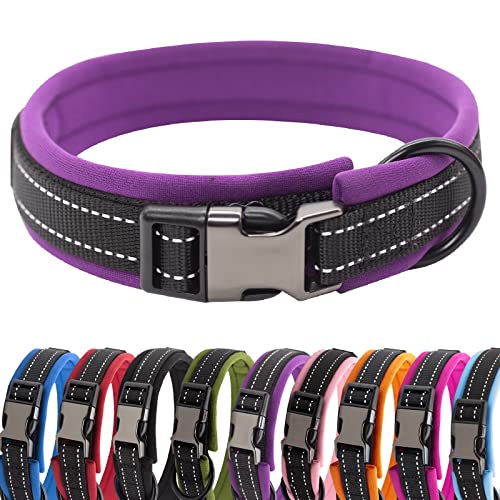 HSIGIO Hundehalsband, Nylon, gepolstert, weich, verstellbar, reflektierend, breit, für kleine, mittelgroße und große Hunde, Schwarz/Lila, Größe L von HSIGIO