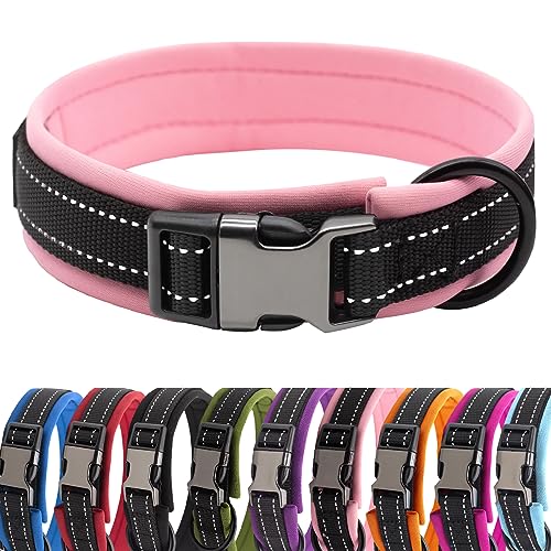 HSIGIO Hundehalsband, Nylon, gepolstert, weich, verstellbar, reflektierend, breit, für kleine, mittelgroße und große Hunde, Schwarz/Rosa, Größe S von HSIGIO