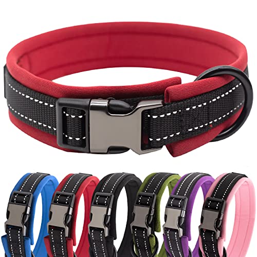 HSIGIO Hundehalsband, Nylon, gepolstert, weich, verstellbar, reflektierend, breit, für kleine, mittelgroße und große Hunde, Schwarz/Rot, Größe M von HSIGIO