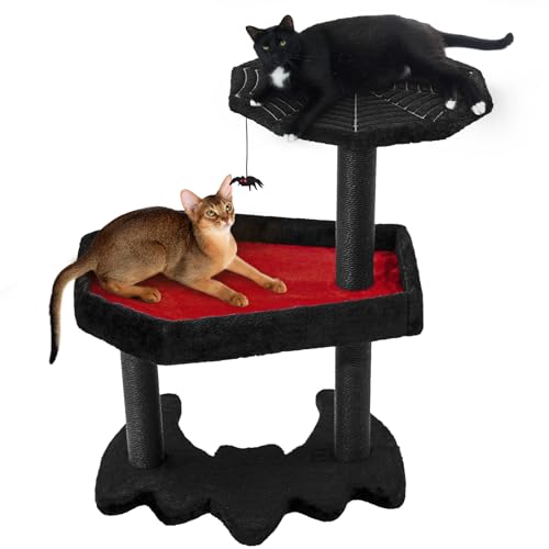 HSIGIO Gothic Katzenbaum mit extra großem Sargbett, Schwarzer Katzenturm für Indoor-Katzen mit Sisal-Kratzstämmen, Spinnen-Hängeball, mehrstufige Katzenaktivitäten Plattform für Halloween von HSIGIO