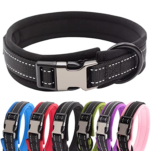 HSIGIO Hundehalsband, Nylon, gepolstert, weich, verstellbar, reflektierend, breit, für kleine, mittelgroße und große Hunde, Schwarz, Größe M von HSIGIO