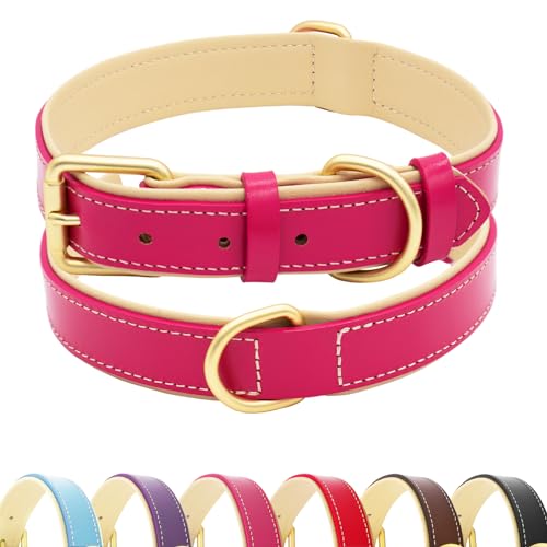 HSIGIO Hundehalsband aus echtem Leder, weich gepolstert, atmungsaktiv, strapazierfähig, mit robuster Metallschnalle für große Hunde (Hotpink, L) von HSIGIO