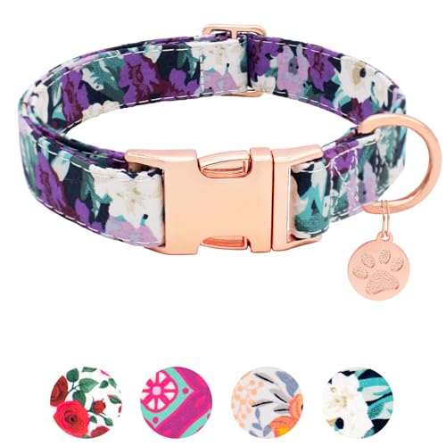 HSIGIO Hundehalsband aus weicher Baumwolle, verstellbar, langlebig, niedliches Blumenmuster, mit Schnellverschluss-Schnalle, Geschenk für große Hunde, lila Blume, Größe L von HSIGIO