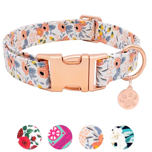 HSIGIO Hundehalsband aus weicher Baumwolle, verstellbar, langlebig, niedliches Blumenmuster, mit Schnellverschluss-Schnalle, Geschenk für große Hunde, orangefarbene Blume, Größe L von HSIGIO