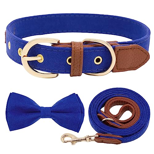 HSIGIO Hundehalsband und Laesh Set, verstellbare Fliege, Hundehalsband, weiches Leder, Hundeleine und Halsbänder, Combo für Welpen, kleine, mittelgroße und große Hunde, Dunkelblau, L von HSIGIO