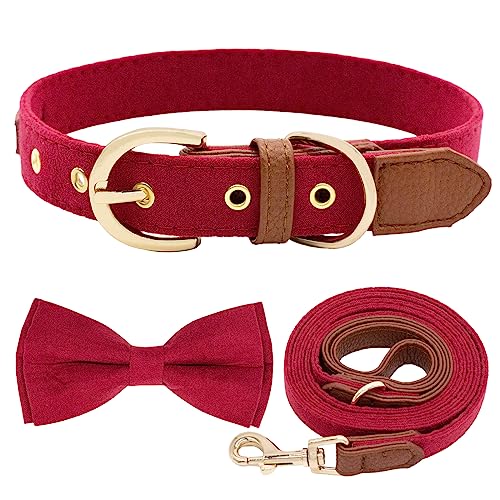 HSIGIO Hundehalsband und Laesh Set mit verstellbarer Fliege, weiches Leder, Hundeleine und Halsbänder, Combo für Welpen, kleine, mittelgroße und große Hunde, Rot, Größe L von HSIGIO