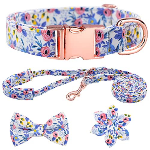 HSIGIO Hundehalsband und Leine, Set, Mädchen, verstellbare Welpenhalsbänder mit floraler Fliege für kleine, mittelgroße und große Hündinnen, blaue Blume, L von HSIGIO