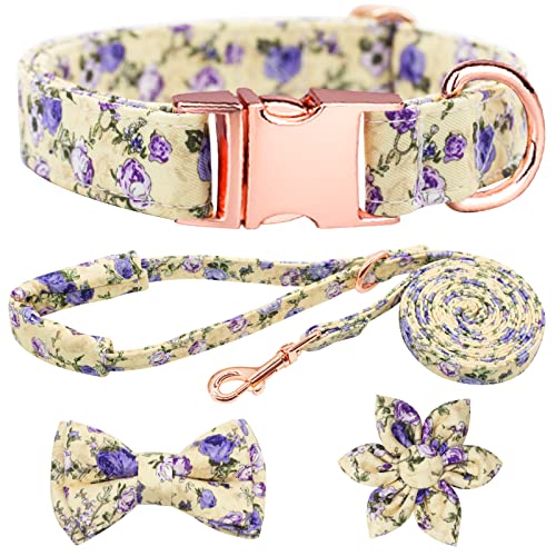 HSIGIO Hundehalsband und Leine, Set, Mädchen, verstellbare Welpenhalsbänder mit floraler Fliege für kleine, mittelgroße und große Hündinnen, lila Rose, L von HSIGIO