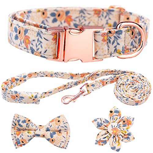 HSIGIO Hundehalsband und Leine, Set, Mädchen, verstellbare Welpenhalsbänder mit floraler Fliege für kleine, mittelgroße und große Hündinnen, orangefarbene Blume, L von HSIGIO