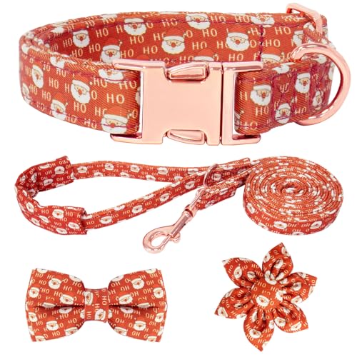 HSIGIO Hundehalsband und Leine, Set für Mädchen, verstellbare Welpenhalsbänder mit Weihnachtsfliege für kleine, mittelgroße und große Hündinnen, roter Weihnachtsmann, Größe M von HSIGIO