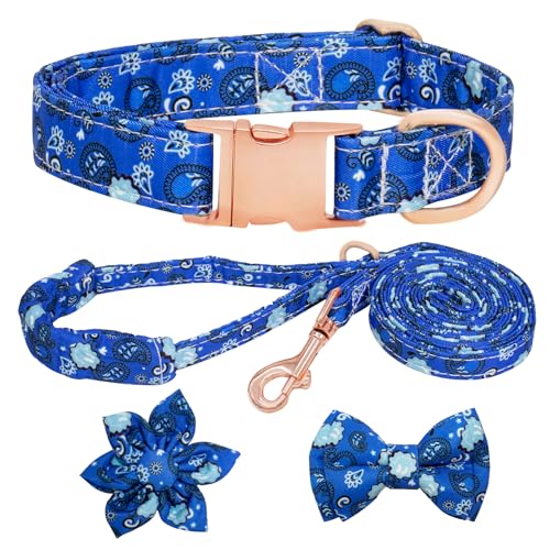 HSIGIO Hundehalsband und Leine, Set für Mädchen, verstellbare Welpenhalsbänder mit floraler Fliege für kleine, mittelgroße und große Hündinnen, Blaues Paisley, M von HSIGIO