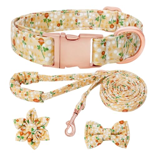 HSIGIO Hundehalsband und Leine, Set für Mädchen, verstellbare Welpenhalsbänder mit floraler Fliege für kleine, mittelgroße und große Hündinnen, Gelbblume, Größe L von HSIGIO