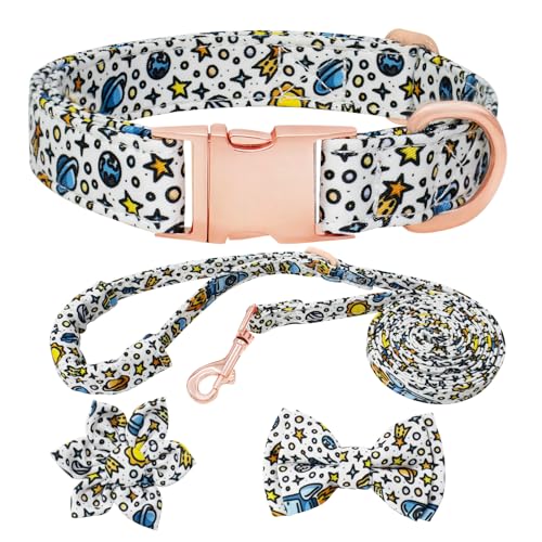 HSIGIO Hundehalsband und Leine, Set für Mädchen, verstellbare Welpenhalsbänder mit floraler Fliege für kleine, mittelgroße und große Hündinnen, Sonnensystem, XS von HSIGIO