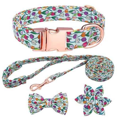 HSIGIO Hundehalsband und Leine, Set für Mädchen, verstellbare Welpenhalsbänder mit floraler Fliege für kleine, mittelgroße und große Hündinnen, Tulpe, S von HSIGIO