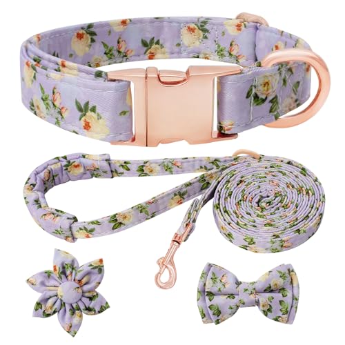 HSIGIO Hundehalsband und Leine, Set für Mädchen, verstellbare Welpenhalsbänder mit floraler Fliege für kleine, mittelgroße und große Hündinnen, hellviolette Blume, Größe S von HSIGIO