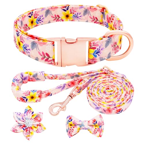 HSIGIO Hundehalsband und Leine, Set für Mädchen, verstellbare Welpenhalsbänder mit floraler Fliege für kleine, mittelgroße und große Hündinnen, rosa Blume, XS von HSIGIO