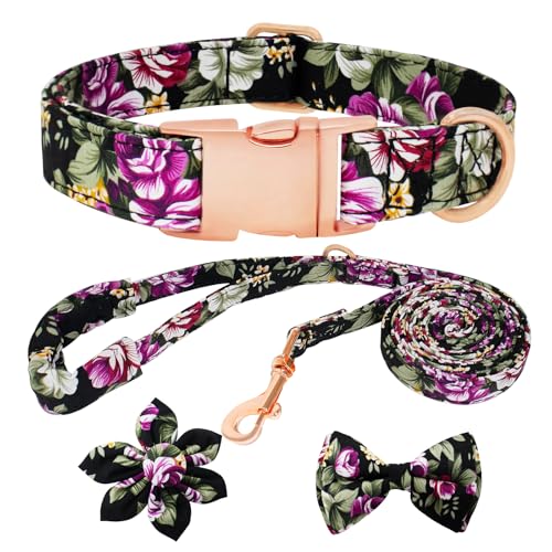 HSIGIO Hundehalsband und Leine, Set für Mädchen, verstellbare Welpenhalsbänder mit floraler Fliege für kleine, mittelgroße und große Hündinnen, schwarze Rose, XS von HSIGIO