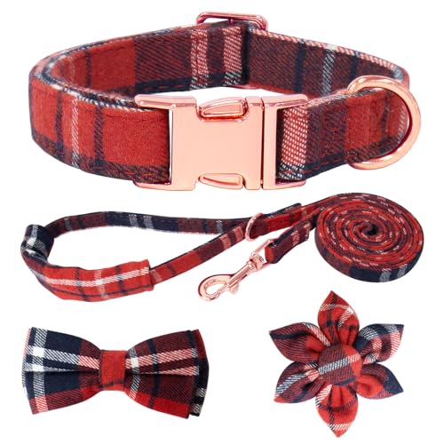 HSIGIO Hundehalsband und Leine, Set für Mädchen, verstellbare Welpenhalsbänder mit karierter Fliege für kleine, mittelgroße und große Hündinnen, rotes Karo, Größe S von HSIGIO