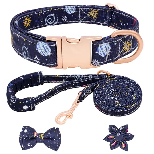 HSIGIO Hundehalsband und Leine, verstellbar, mit Blumenmuster und Fliege für kleine, mittelgroße und große Hunde (XS, blauer Planet) von HSIGIO