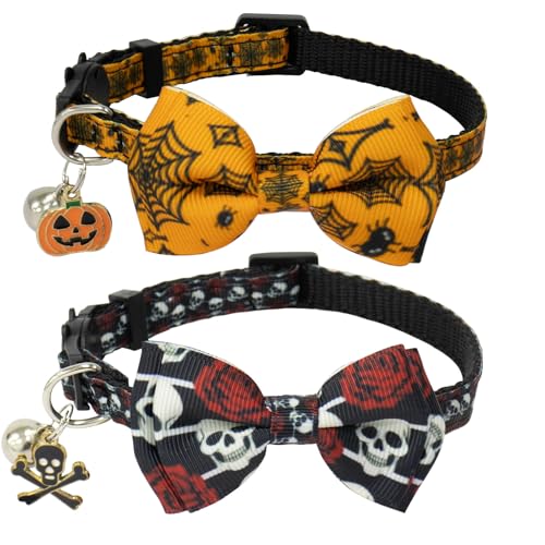 HSIGIO Katzenhalsband aus Baumwolle mit Glöckchen, niedliches Kätzchen, verstellbar, sicher, mit Anhänger, ideal für Mädchen, Katzen, Jungen, Katzen, Halloween, 2 Stück von HSIGIO