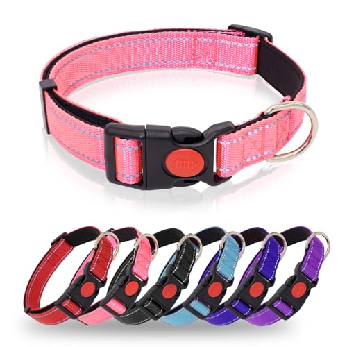 HSIGIO Reflektierendes Hundehalsband, strapazierfähig, verstellbar, mit Sicherheitsverriegelungsschnalle, weiches Neopren gepolstertes Hundehalsband für kleine Hunde, Rosa, S von HSIGIO