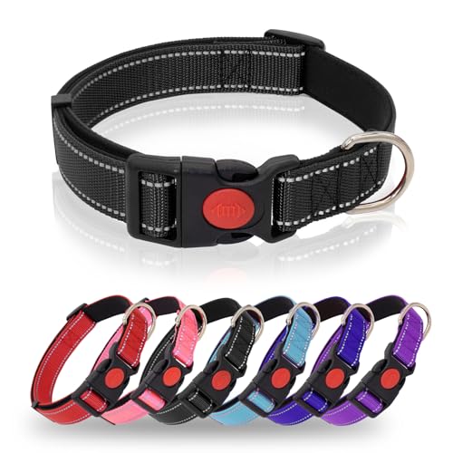 HSIGIO Reflektierendes Hundehalsband, strapazierfähig, verstellbar, mit Sicherheitsverriegelungsschnalle, weiches Neopren gepolstertes Hundehalsband für kleine Hunde, Schwarz, S von HSIGIO