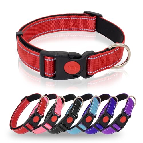 HSIGIO Reflektierendes Hundehalsband, strapazierfähig, verstellbar, mit Sicherheitsverschluss, weiches Neopren, gepolstertes Hundehalsband für mittelgroße Hunde, Rot, M von HSIGIO