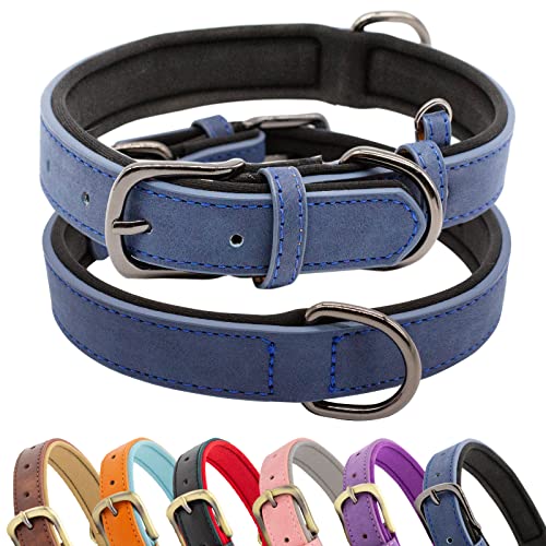 HSIGIO Weich Gepolstertes Hundehalsband aus Leder, atmungsaktiv, wasserdicht, Hundehalsband aus Leder mit verstellbarer Metallschnalle für kleine, mittelgroße und große Hunde, Dunkelblau/Schwarz, M von HSIGIO