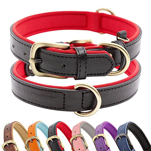 HSIGIO Weich Gepolstertes Hundehalsband aus Leder, atmungsaktiv, wasserdicht, Hundehalsband aus Leder mit verstellbarer Metallschnalle für kleine, mittelgroße und große Hunde, Schwarz/Rot, S von HSIGIO