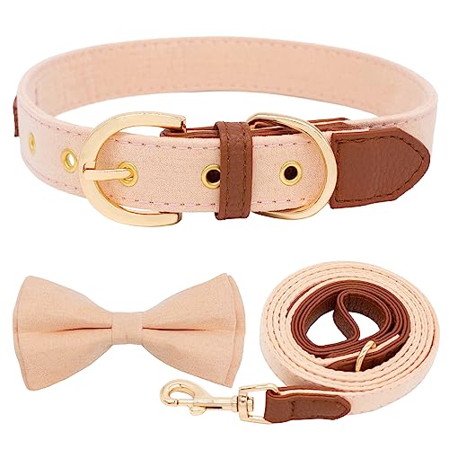 HSIGIO Hundehalsband und Laesh, verstellbare Fliege, Hundehalsband, weiches Leder, Hundeleine und Halsbänder, Combo für Welpen, kleine, mittelgroße und große Hunde, Fleischrosa, L von HSIGIO