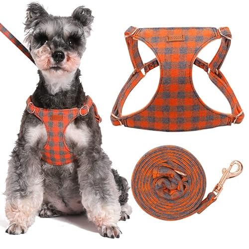 Kleines Hundegeschirr und Leine, Plaid Puppy Dog Harness XXS, Soft Adjustable Harness for Extra Small - Medium Pet Dogs and Cat No Pull, Orange Plaid, XS von HSIGIO