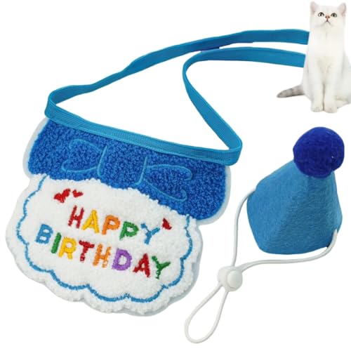 HSTWODE 1 Satz Geburtstagsmütze Schal-Set für kleine Hunde und Katzen, niedliches Haustier Geburtstags Bandana Partyzubehör Welpen Happy Birthday Besticktes für Kätzchen (Dunkelblau) von HSTWODE