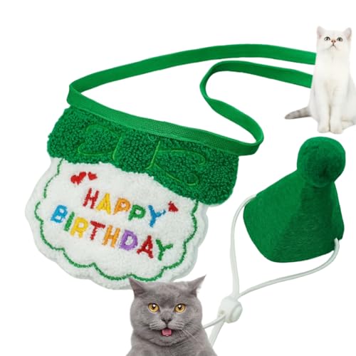 HSTWODE 1 Satz Geburtstagsmütze Schal-Set für kleine Hunde und Katzen, niedliches Haustier Geburtstags Bandana Partyzubehör Welpen Happy Birthday Besticktes für Kätzchen (Grün) von HSTWODE