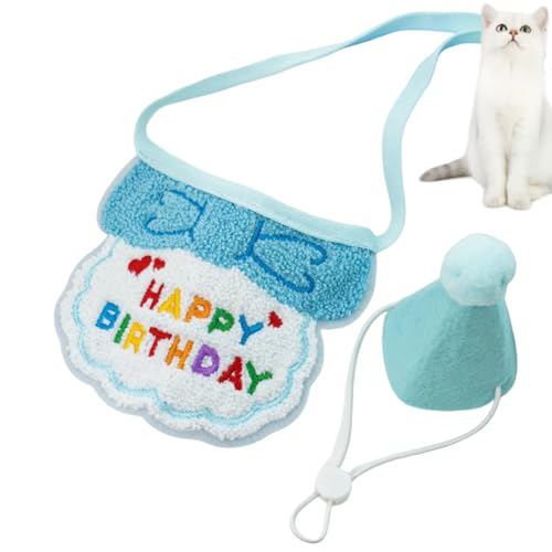 HSTWODE 1 Satz Geburtstagsmütze Schal-Set für kleine Hunde und Katzen, niedliches Haustier Geburtstags Bandana Partyzubehör Welpen Happy Birthday Besticktes für Kätzchen (Himmelblau) von HSTWODE