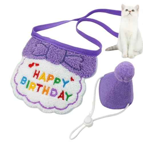 HSTWODE 1 Satz Geburtstagsmütze Schal-Set für kleine Hunde und Katzen, niedliches Haustier Geburtstags Bandana Partyzubehör Welpen Happy Birthday Besticktes für Kätzchen (Lila) von HSTWODE