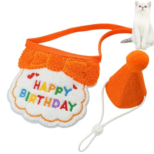 HSTWODE 1 Satz Geburtstagsmütze Schal-Set für kleine Hunde und Katzen, niedliches Haustier Geburtstags Bandana Partyzubehör Welpen Happy Birthday Besticktes für Kätzchen (Orange) von HSTWODE